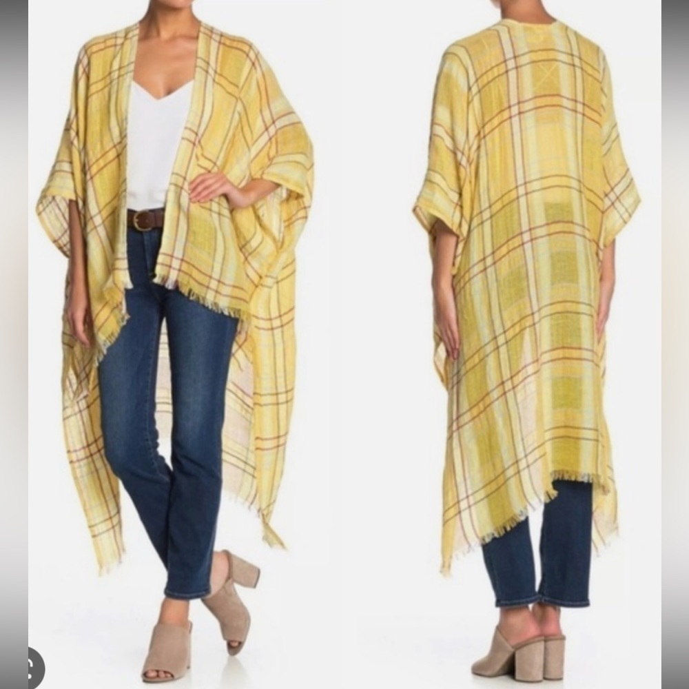 Free People yellow plaid kimono one size